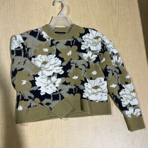 Club Monaco Green and Cream Crew Neck Sweater with Floral Design